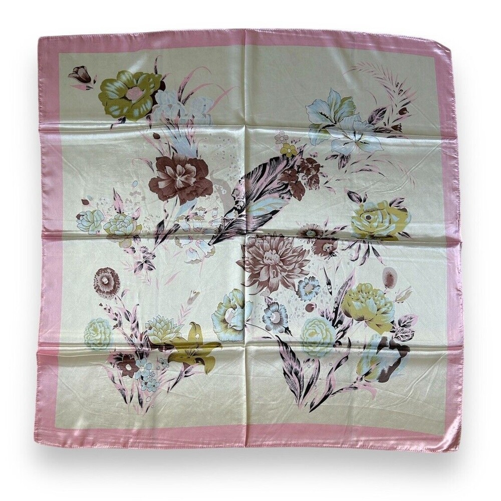 Pink Edges Yellow Floral Scarf 35” X 35” Beige Women Headscarf Scarve Elegant